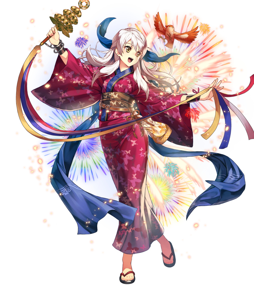 1girl animal animal_print bangs bird bug butterfly butterfly_print fire_emblem fire_emblem:_akatsuki_no_megami fire_emblem_heroes full_body highres insect japanese_clothes kimono micaiah obi official_art sandals sash silver_hair transparent_background wide_sleeves yellow_eyes yune