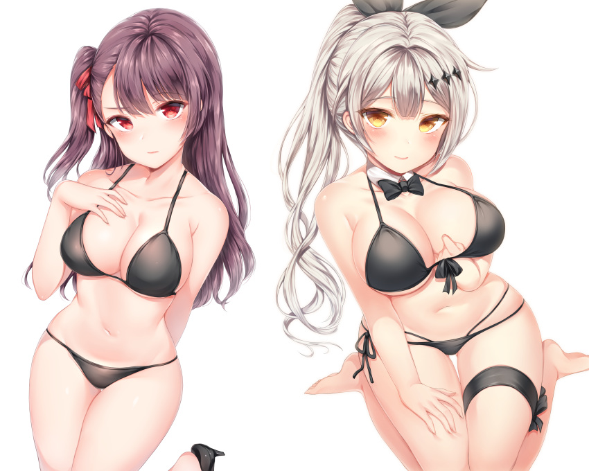2girls absurdres arm_behind_back bangs barefoot bikini black_bikini black_footwear blush bow bowtie breasts cleavage closed_mouth collarbone eyebrows_visible_through_hair five-seven_(girls_frontline) front-tie_bikini front-tie_top girls_frontline hair_ribbon half_updo hand_on_own_breast high_heels highres large_breasts leg_up long_hair looking_at_viewer multi-strapped_bikini multiple_girls navel one_side_up painteen ponytail purple_hair red_eyes red_ribbon ribbon side-tie_bikini sidelocks silver_hair simple_background sitting solo stomach swimsuit thigh_ribbon very_long_hair wa2000_(girls_frontline) wariza white_background yellow_eyes