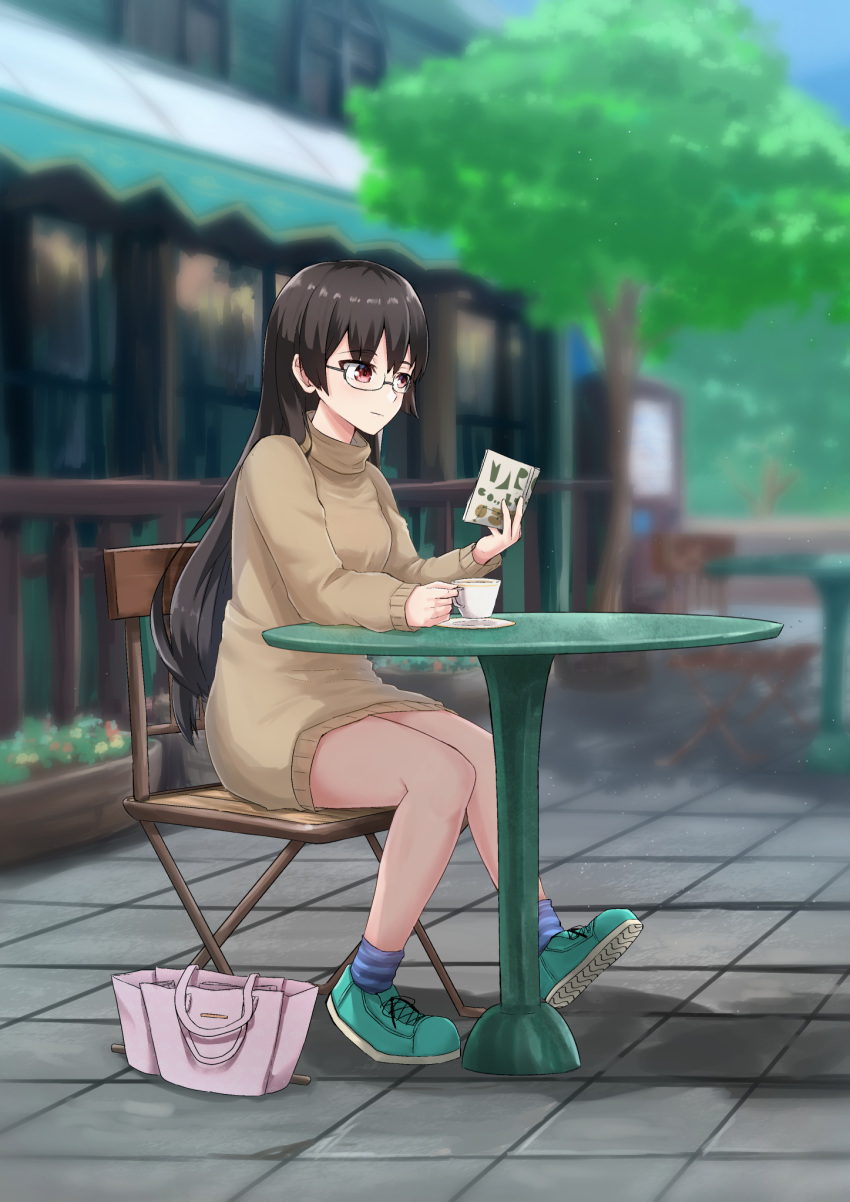 1girl black_hair building choukai_(kantai_collection) coffee_cup commentary_request cup disposable_cup dress faitaa glasses highres kantai_collection long_hair reading red_eyes saucer semi-rimless_eyewear shoes sitting sneakers solo sweater sweater_dress table tiles tree under-rim_eyewear