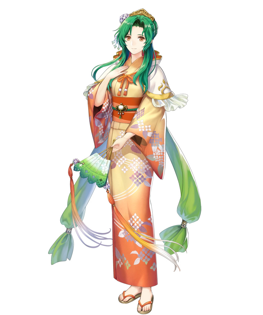 1girl bangs elincia_ridell_crimea fire_emblem fire_emblem:_akatsuki_no_megami fire_emblem_heroes floral_print full_body green_hair highres japanese_clothes kimono obi official_art sandals sash solo transparent_background wide_sleeves yellow_eyes