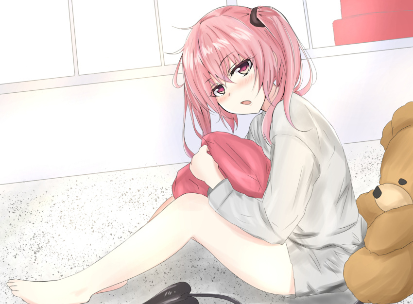 1girl barefoot blush from_side grey_shirt highres legs long_hair looking_at_viewer nana_asta_deviluke no_pants open_mouth pillow pillow_hug pink_eyes pink_hair shirt sitting sketch solo stuffed_animal stuffed_toy tail teddy_bear to_love-ru twintails