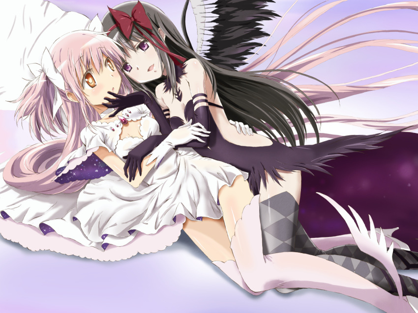 2girls akemi_homura akuma_homura argyle argyle_legwear bare_shoulders black_dress black_gloves black_hair black_wings bow choker dress elbow_gloves feathered_wings frilled_dress frills gloves goddess_madoka hair_bow hair_ribbon hairband kaname_madoka kinfuji long_hair lying magical_girl mahou_shoujo_madoka_magica mahou_shoujo_madoka_magica_movie multiple_girls on_side pink_hair pink_legwear red_hairband ribbon spoilers thigh-highs two_side_up violet_eyes white_dress white_gloves wings yellow_eyes yuri