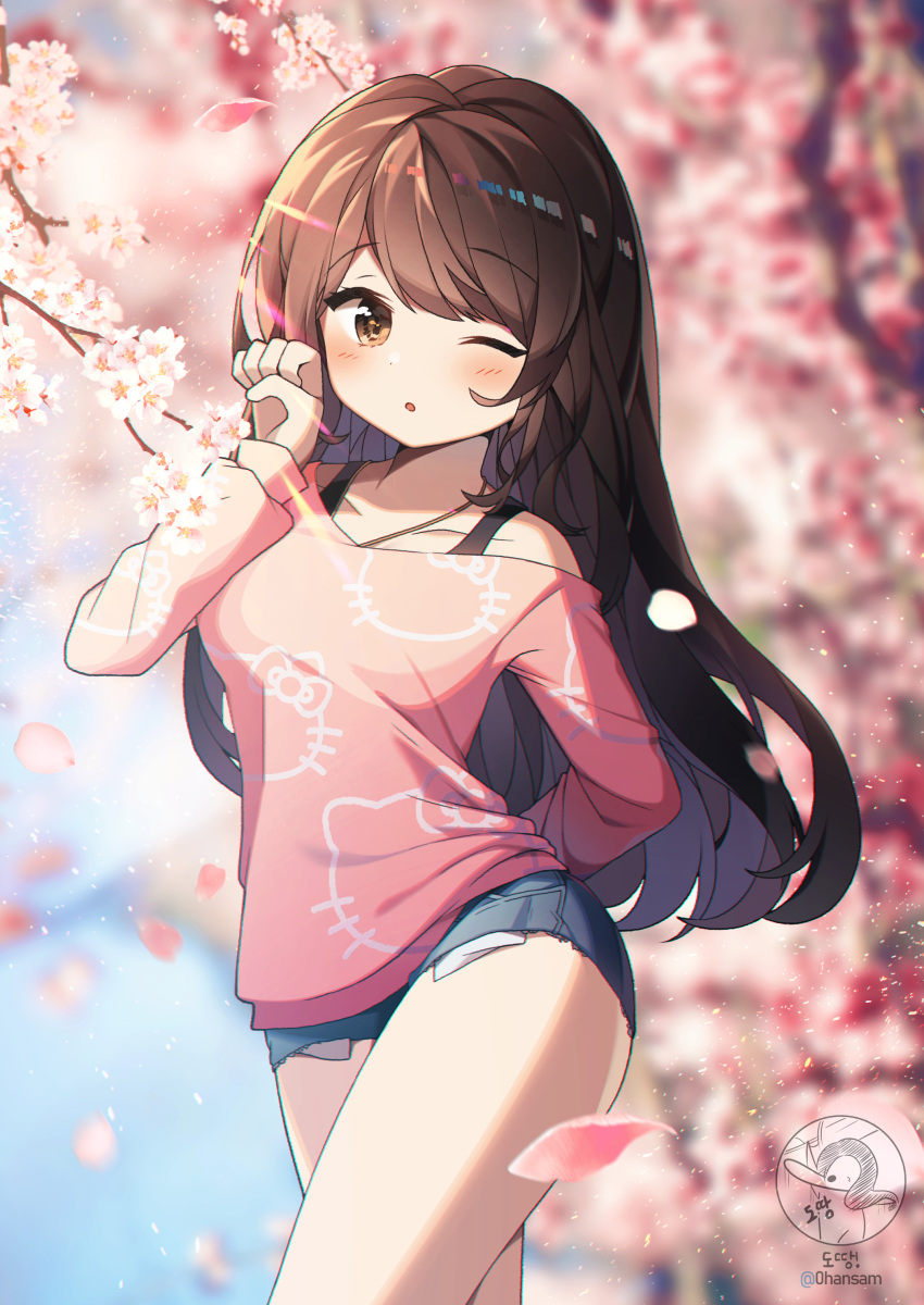 1girl absurdres arm_behind_back arm_up blade_&amp;_soul brown_eyes brown_hair cherry_blossoms cutoffs denim denim_shorts hello_kitty highres jrjstawh long_hair one_eye_closed original outdoors paw_pose petals pink_shirt print_shirt shirt short_shorts shorts solo thighs tree watermark