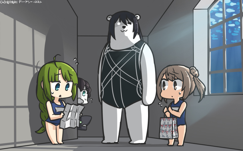 3girls :3 ahoge animal animalization bear black_hair blue_eyes blue_swimsuit braid brown_eyes chikuma_(kantai_collection) commentary_request double_bun eyebrows_visible_through_hair glowing glowing_eye green_hair hamu_koutarou highres kantai_collection kunihiko_moriguchi light_brown_hair living long_hair michishio_(kantai_collection) mitsukoshi_(department_store) mole mole_under_mouth multiple_girls one-piece_swimsuit ri-class_heavy_cruiser school_swimsuit shinkaisei-kan short_hair single_braid swimsuit yuugumo_(kantai_collection)