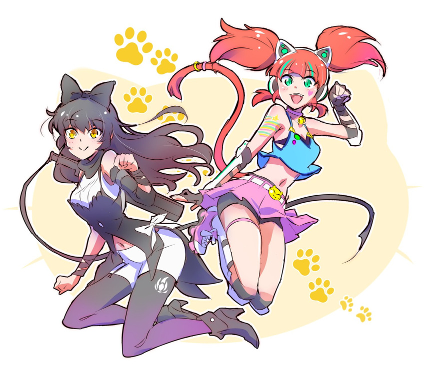 2girls alternate_hairstyle animal_ears bell bell_collar black_hair black_scarf blake_belladonna bow cat_ears cat_tail coattails collar fang garter_straps green_eyes hair_bow headphones highres iesupa legwear_under_shorts long_hair midriff multicolored_hair multiple_girls navel neon_katt orange_hair ribbon rwby scarf shirt shorts shorts_under_skirt skirt sleeveless sleeveless_shirt tail twintails vest yellow_eyes