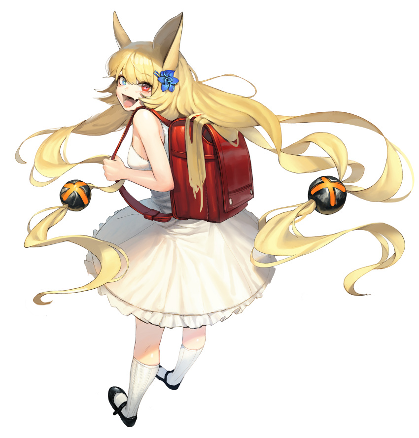 1girl :d animal_ears backpack bag bare_shoulders blonde_hair breasts character_request eyebrows_visible_through_hair fang g41_(girls_frontline) girls_frontline hair_bobbles hair_ornament heterochromia highres long_hair looking_back low-tied_long_hair open_mouth randoseru romana slit_pupils smile solo very_long_hair white_background wind
