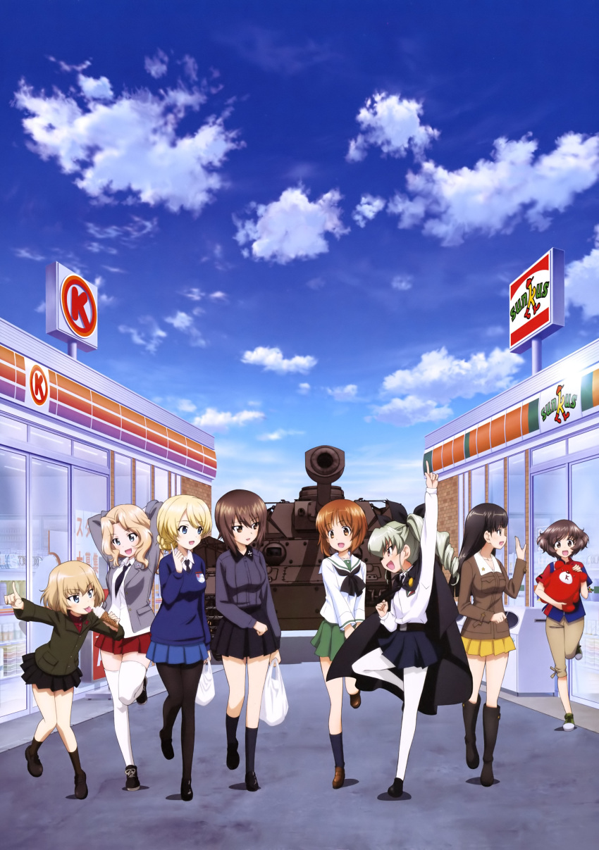 6+girls :d absurdres akiyama_yukari anchovy anzio_school_uniform arm_up arms_behind_head belt black black_cape black_eyes black_footwear black_hair black_neckwear black_skirt blazer blonde_hair blue_skirt blue_sky blue_sweater boots bow brown_eyes brown_footwear brown_hair brown_jacket brown_pants cape chi-hatan_military_uniform clouds collarbone darjeeling day dress_shirt drill_hair food girls_und_panzer grey_blazer grey_shirt ground_vehicle hair_bow highres holding holding_food holding_stuffed_animal ice_cream index_finger_raised jacket katyusha kay_(girls_und_panzer) knee_boots kuromorimine_school_uniform leg_up loafers looking_back military military_vehicle miniskirt motor_vehicle multiple_girls necktie nishi_kinuyo nishizumi_maho nishizumi_miho official_art ooarai_school_uniform open_blazer open_clothes open_jacket open_mouth outdoors outstretched_arm pants pantyhose pleated_skirt pravda_school_uniform red_skirt saunders_school_uniform school_uniform serafuku shiny shiny_hair shirt shoes short_hair short_sleeves silver_hair skirt sky smile st._gloriana's_school_uniform stuffed_animal stuffed_toy sweater tank thigh-highs tied_hair tongue tongue_out twin_drills twintails white_legwear white_shirt yellow_skirt yoshida_nobuyoshi zettai_ryouiki