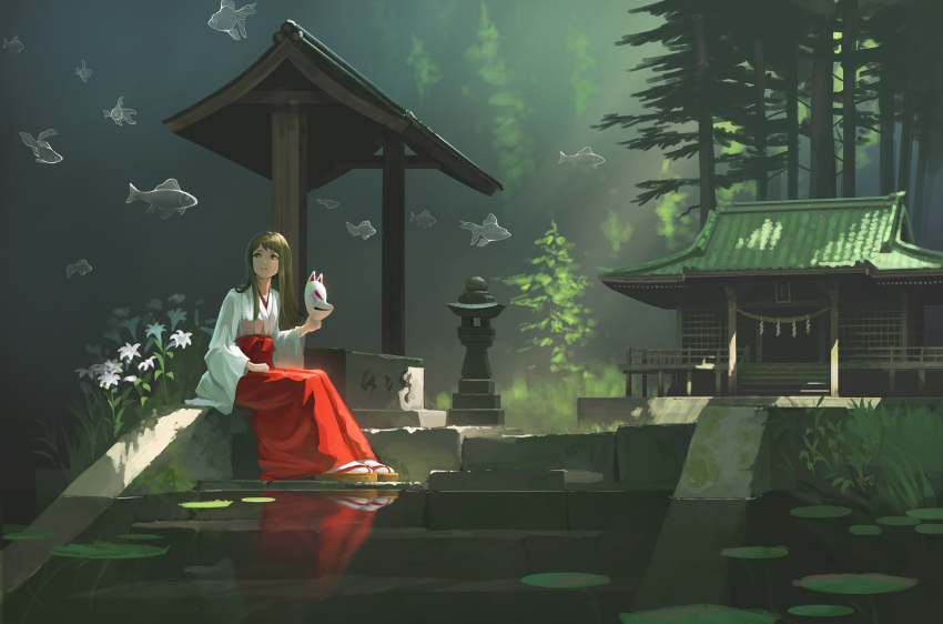 1girl architecture box brown_eyes brown_hair closed_mouth commentary_request donation_box doora_(dora0913) east_asian_architecture fantasy fish flower forest fox_mask geta hakama hakama_skirt highres holding holding_mask huge_filesize japanese_clothes kimono lily_pad long_hair mask miko nature obi original outdoors red_hakama reflection sash scenery shinto shrine sitting smile stairs surreal tabi temple torii tree water wide_sleeves yukata