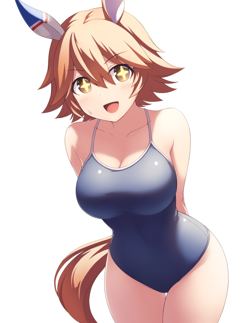 +_+ 1girl blue_swimsuit brown_eyes commentary_request competition_school_swimsuit cowboy_shot flipped_hair highres horse_girl leaning_forward light_brown_hair looking_at_viewer matikanefukukitaru_(umamusume) pataneet school_swimsuit short_hair simple_background smile solo swimsuit umamusume white_background