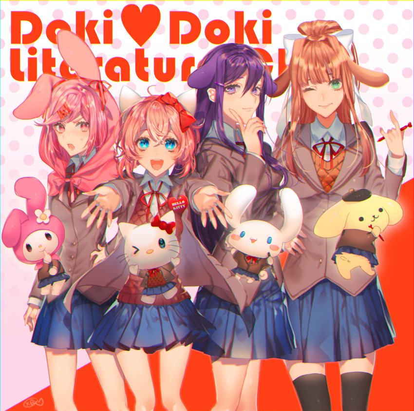 &gt;_o 4girls :d ;) animal_ears animal_hood black_legwear blue_eyes blue_skirt bow brown_hair bunny_hood capelet cat_ears character_request cinnamoroll commentary copyright_name cute doki_doki_literature_club green_eyes hair_between_eyes hair_bow hair_ornament hair_ribbon hairclip hand_on_hip hand_on_own_chin hello_kitty hello_kitty_(character) highres hood hooded_capelet knife light_smile long_hair looking_at_viewer monika_(doki_doki_literature_club) multiple_girls my_melody natsuki_(doki_doki_literature_club) one_eye_closed open_mouth outstretched_arms pen pink_eyes pink_hair pleated_skirt polka_dot polka_dot_background pompompurin ponytail purple_hair red_bow red_ribbon ribbon sanrio sayori_(doki_doki_literature_club) school_uniform short_hair skirt smile team_salvato thigh-highs violet_eyes white_ribbon yakusuke yuri_(doki_doki_literature_club)