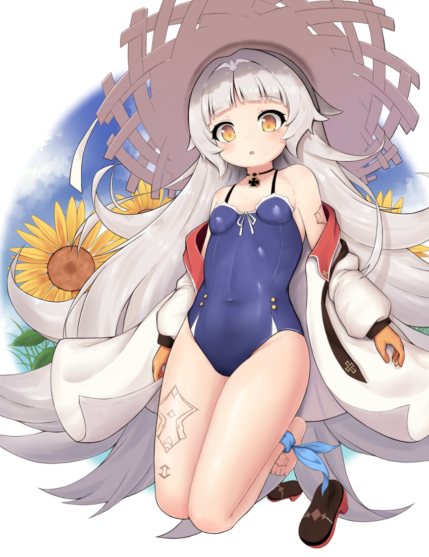 1girl azur_lane bangs barefoot blue_swimsuit blunt_bangs breasts casual_one-piece_swimsuit flower full_body gloves hat highres iron_cross jacket kneeling long_hair mentai_mayo mole mole_under_eye one-piece_swimsuit open_clothes open_jacket silver_hair small_breasts solo sun_hat sunflower swimsuit tattoo white_jacket yellow_eyes yellow_gloves z46_(azur_lane)