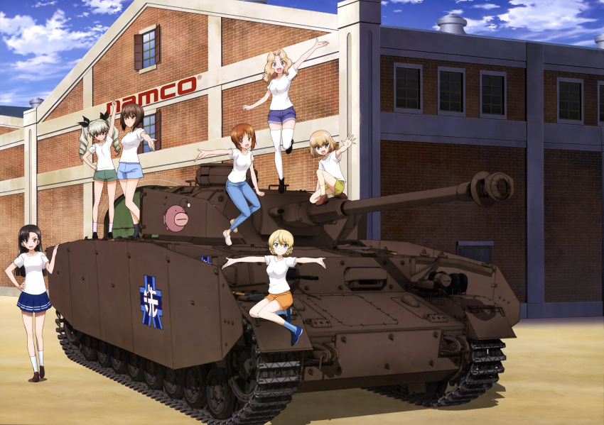 6+girls :d absurdres anchovy arm_up asymmetrical_bangs bangs black_bow black_footwear blonde_hair blue_eyes blue_footwear blue_legwear blue_pants blue_shorts blue_skirt blue_sky bow brown_eyes brown_footwear brown_hair clouds darjeeling day denim drill_hair girls_und_panzer hair_between_eyes hair_bow hand_on_hip highres index_finger_raised jeans katyusha kay_(girls_und_panzer) leg_up loafers long_hair looking_at_viewer miniskirt multiple_girls nishi_kinuyo nishizumi_maho nishizumi_miho official_art one_knee open_mouth orange_shorts outdoors outstretched_arm outstretched_arms pants pleated_skirt shirt shoes short_hair short_shorts short_sleeves shorts silver_hair skirt sky smile sneakers standing standing_on_one_leg thigh-highs tied_hair twin_drills twintails white_footwear white_legwear white_shirt yellow_skirt yoshida_nobuyoshi zettai_ryouiki