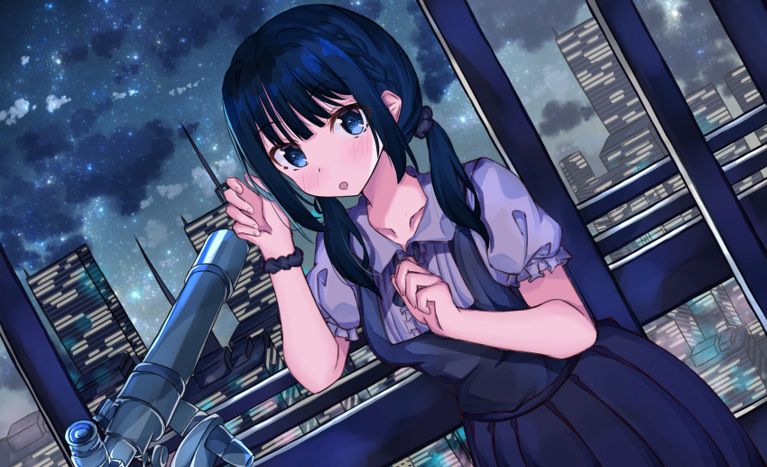 1girl :o absurdres arm_up bangs black_scrunchie blue_eyes blue_hair blue_skirt blush breasts building center_frills collared_shirt commentary_request dutch_angle eyebrows_visible_through_hair fingernails frills hair_between_eyes hand_up highres indoors long_hair low_twintails medium_breasts night night_sky norazura original parted_lips pleated_skirt puffy_short_sleeves puffy_sleeves scrunchie shirt short_sleeves skirt sky skyscraper solo star_(sky) starry_sky telescope twintails white_shirt wrist_scrunchie