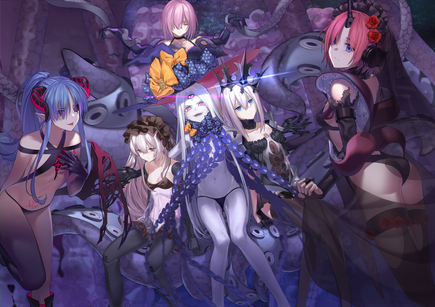 5girls :d abigail_williams_(fate/grand_order) ass bangs bare_shoulders black_bow black_gloves black_hat black_legwear black_panties blue_eyes bow breasts caster_lily closed_eyes closed_mouth commentary_request crown curled_horns dark_persona demon_girl demon_horns demon_wings doll_joints dutch_angle elbow_gloves fate/apocrypha fate/extra fate/grand_order fate/stay_night fate_(series) fingerless_gloves fingernails flower frankenstein's_monster_(fate) ghost gloves glowing hair_flower hair_ornament hair_over_one_eye hat hat_bow highres horns long_hair marie_antoinette_(fate/grand_order) mash_kyrielight multiple_girls nail_polish navel nursery_rhyme_(fate/extra) open_mouth orange_bow pale_skin panties pantyhose parted_bangs pink_hair polka_dot polka_dot_bow qiongsheng red_flower red_nails red_rose red_wings revealing_clothes rose see-through sharp_fingernails sharp_teeth silver_hair sitting skull_print small_breasts smile standing standing_on_one_leg suction_cups teeth tentacle topless torn_wings underwear underwear_only very_long_hair violet_eyes white_panties wings witch_hat