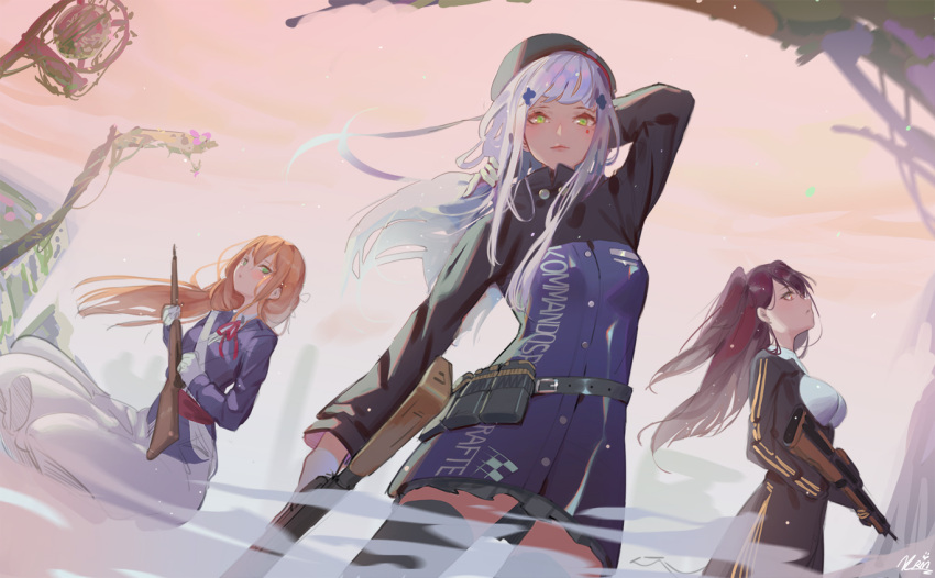 3girls arm_behind_head beret breasts brown_hair girls_frontline gloves green_eyes gun hat hk416_(girls_frontline) holding holding_gun holding_weapon jacket krin long_hair looking_at_viewer m1903_springfield_(girls_frontline) multiple_girls pleated_skirt purple_hair rifle silver_hair skirt smile wa2000_(girls_frontline) weapon white_gloves