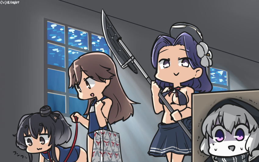 4girls alternate_costume arashio_(kantai_collection) black_hair box brown_eyes brown_hair collar commentary_request dog_collar glaive glowing glowing_eyes gradient_hair hamu_koutarou headgear highres indoors kantai_collection kunihiko_moriguchi long_hair mechanical_halo mitsukoshi_(department_store) multicolored_hair multiple_girls open_mouth polearm purple_hair re-class_battleship school_swimsuit shinkaisei-kan short_hair short_hair_with_long_locks sidelocks silver_hair smirk snake_box_sneak swimsuit tatsuta_(kantai_collection) tokitsukaze_(kantai_collection) trembling violet_eyes weapon