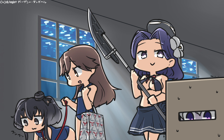 4girls alternate_costume arashio_(kantai_collection) black_hair box brown_eyes brown_hair collar commentary dog_collar glaive glowing glowing_eyes gradient_hair hamu_koutarou headgear highres indoors kantai_collection kunihiko_moriguchi long_hair mechanical_halo mitsukoshi_(department_store) multicolored_hair multiple_girls open_mouth polearm purple_hair re-class_battleship school_swimsuit shinkaisei-kan short_hair short_hair_with_long_locks sidelocks silver_hair smirk snake_box_sneak swimsuit tatsuta_(kantai_collection) tokitsukaze_(kantai_collection) trembling violet_eyes weapon