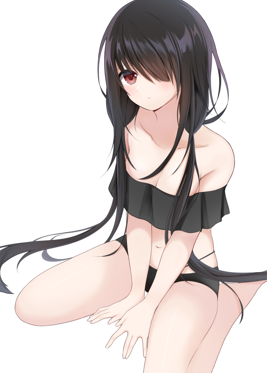 1girl arm_support bare_legs bare_shoulders barefoot between_legs bikini black_bikini black_hair blush breasts cleavage collarbone commentary_request date_a_live hair_over_one_eye hand_between_legs highres long_hair medium_breasts navel off_shoulder red_eyes shiratoriko simple_background sitting solo stomach swimsuit thighs tokisaki_kurumi twintails very_long_hair wariza white_background