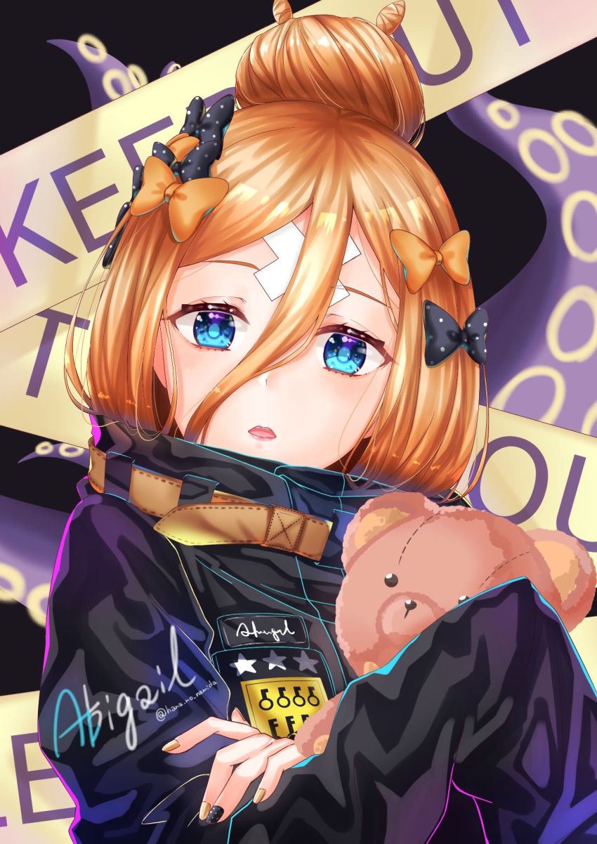 1girl abigail_williams_(fate/grand_order) alternate_hairstyle artist_request bandaid_on_forehead bangs belt black_background black_bow black_jacket black_nails blonde_hair blue_eyes blush bow caution_tape fate/grand_order fate_(series) forehead hair_between_eyes hair_bow hair_bun high_collar highres holding holding_stuffed_animal jacket keep_out long_hair looking_at_viewer nail_polish orange_bow orange_nails parted_bangs parted_lips polka_dot polka_dot_bow sleeves_past_fingers sleeves_past_wrists solo stuffed_animal stuffed_toy teddy_bear tentacle