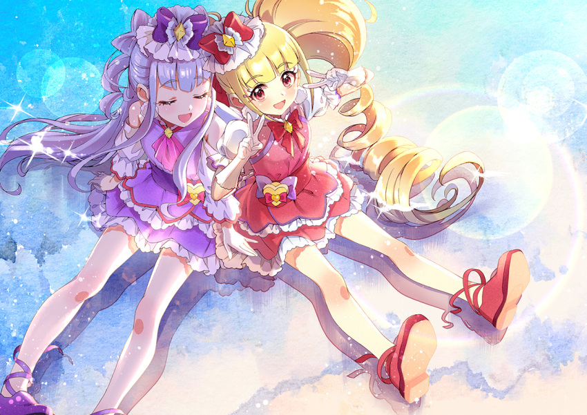 2girls :d ^_^ aisaki_emiru bangs blonde_hair blunt_bangs blush bow closed_eyes closed_eyes commentary_request cure_amour cure_macherie double_v dress drill_hair earrings from_above gloves hair_bow hair_ornament hoshi_(xingspresent) hugtto!_precure jewelry lens_flare long_hair looking_at_viewer looking_up magical_girl multiple_girls open_mouth partial_commentary precure puffy_sleeves red_eyes ruru_amour shiny shiny_hair shiny_skin shoes short_sleeves shoulder-to-shoulder sitting smile sparkle twin_drills twintails v very_long_hair white_gloves