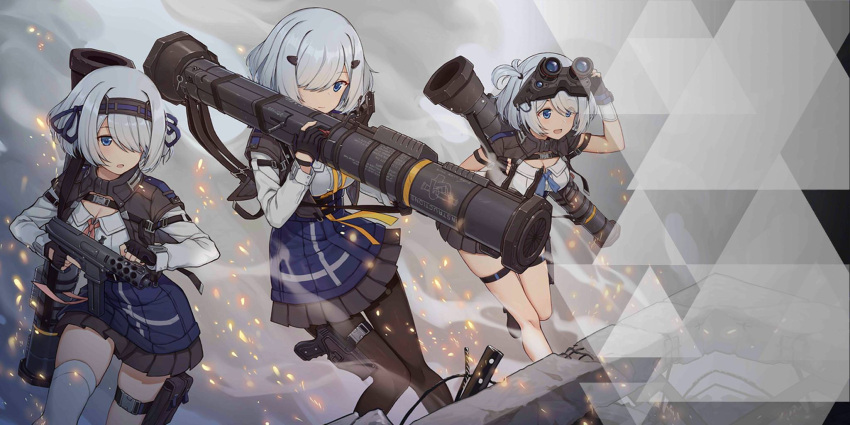 3girls artist_request at4 at4_(girls_frontline) blue_eyes breasts cleavage fingerless_gloves girls_frontline gloves goggles goggles_on_head gun hair_ornament hairband handgun highres holstered_weapon multiple_girls necktie official_art over_shoulder rocket_launcher socks submachine_gun tactical_clothes thigh-highs weapon weapon_over_shoulder white_hair