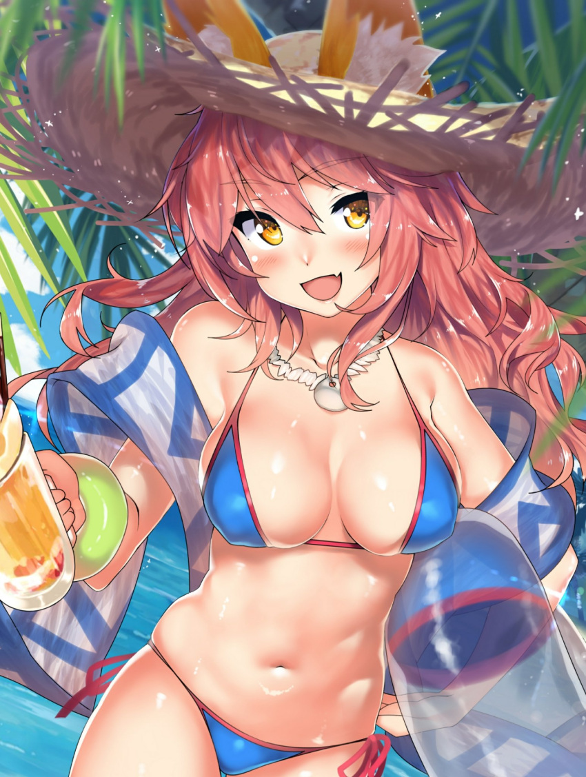 1girl animal_ears bangs bikini blue_bikini breasts cleavage clouds cloudy_sky commentary_request cup drinking_glass ears_through_headwear eyebrows_visible_through_hair fate/grand_order fate_(series) fox_ears hair_between_eyes hat highres holding holding_drinking_glass innertube kawai large_breasts long_hair looking_at_viewer ocean palm_tree pink_hair side-tie_bikini sky smile solo straw_hat sun_hat swimsuit tamamo_(fate)_(all) tamamo_no_mae_(fate) tamamo_no_mae_(swimsuit_lancer)_(fate) tree yellow_eyes