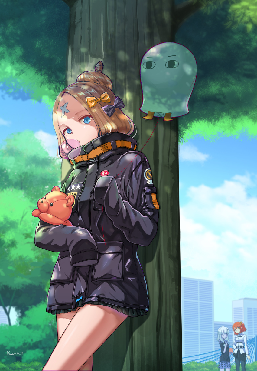 3girls abigail_williams_(fate/grand_order) against_tree balloon bandaid_on_forehead bangs belt black_bow black_jacket black_legwear black_skirt blonde_hair blue_eyes blue_sky blurry blurry_background blush bow breasts bubble_blowing building chaldea_uniform chewing_gum closed_mouth clouds commentary_request crossed_bandaids day depth_of_field eyebrows_visible_through_hair fate/grand_order fate_(series) forehead fujimaru_ritsuka_(female) hair_bow hair_bun hair_ornament hair_scrunchie hand_up head_tilt high_collar highres holding holding_balloon horn jacket key kuzumochi_(kuzumochiya) lavinia_whateley_(fate/grand_order) long_hair long_sleeves looking_at_viewer medjed multiple_girls object_hug one_side_up orange_bow orange_scrunchie outdoors pale_skin pantyhose parted_bangs pleated_skirt polka_dot polka_dot_bow redhead scrunchie shade signature silver_hair skirt sky skyscraper sleeves_past_fingers sleeves_past_wrists small_breasts solo_focus standing star stuffed_animal stuffed_toy teddy_bear thighs tree uniform white_jacket