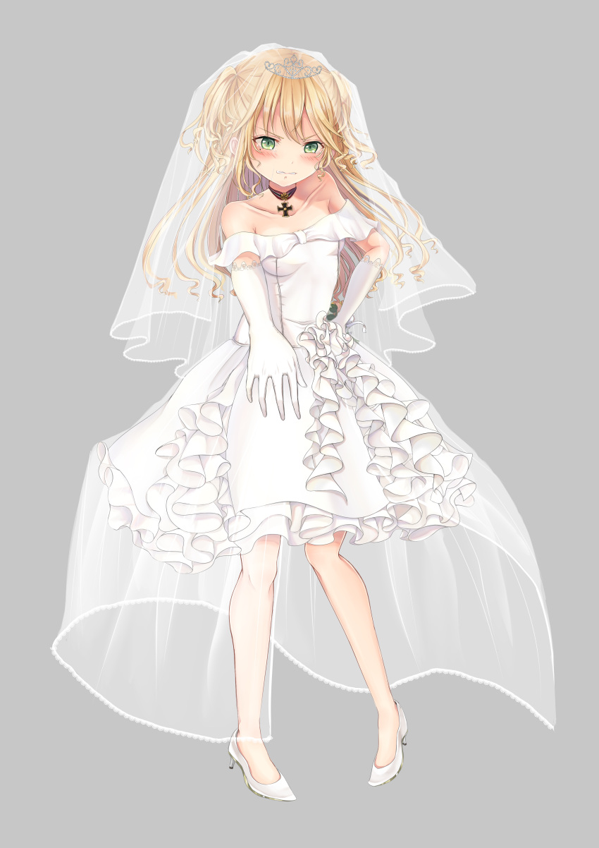 1girl absurdres admiral_hipper_(azur_lane) ahoge alternate_costume alternate_hairstyle azur_lane bangs blonde_hair blush breasts bridal_veil choker collarbone dress elbow_gloves eyebrows_visible_through_hair full_body gloves green_eyes grey_background hair_between_eyes hand_on_hip headgear highres iron_cross leaning_forward lllconfidential long_hair looking_at_viewer medium_breasts mole mole_under_eye parted_lips pumps simple_background solo tearing_up tiara two_side_up veil wavy_hair wedding_dress white_dress white_footwear white_gloves