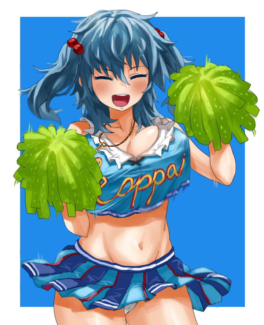 1girl bare_shoulders blue_background blue_hair blue_skirt blue_tank_top blush breasts cheerleader closed_eyes collarbone frilled_shirt frills hair_between_eyes hair_bobbles hair_ornament highres huge_breasts jewelry kawashiro_nitori key navel necklace okbnkn open_mouth panties pleated_skirt pom_poms round_teeth shirt simple_background skirt tank_top teeth text_focus thighs touhou two_side_up underwear waving_arms white_panties