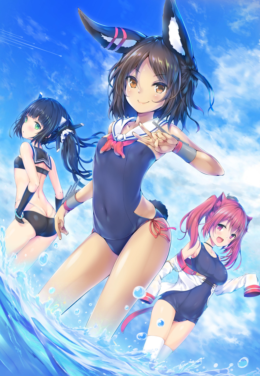 3girls :d :o absurdres akyorapenyo animal_ears ass azur_lane bare_shoulders bikini black_bikini black_choker black_gloves black_hair black_sailor_collar blue_sky blue_swimsuit blush breasts brown_eyes brown_hair bunny_girl bunny_tail butt_crack cat_ears cat_girl cat_tail choker closed_mouth clouds cloudy_sky collarbone commentary_request dark_skin day elbow_gloves fang fingernails gloves green_eyes hair_ornament hand_up headgear highres huge_filesize i-19_(azur_lane) i-26_(azur_lane) i-58_(azur_lane) large_breasts long_hair long_sleeves looking_at_viewer looking_back multiple_girls neckerchief off_shoulder one-piece_swimsuit open_mouth outdoors parted_lips rabbit_ears red_eyes red_neckwear redhead sailor_collar school_swimsuit shirt sky sleeves_past_fingers sleeves_past_wrists small_breasts smile standing strapless strapless_swimsuit swimsuit tail thigh-highs twintails v very_long_hair wading water white_legwear white_sailor_collar white_shirt