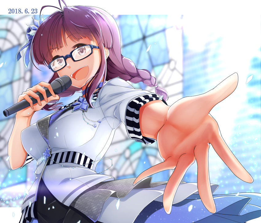 akizuki_ritsuko antenna_hair bangs braid breasts brown_eyes choker commentary_request eyebrows_visible_through_hair glasseshair_ornament hadaka_megane highres idolmaster idolmaster_(classic) idolmaster_million_live! idolmaster_million_live!_theater_days large_breasts microphone open_mouth purple_hair reaching_out short_sleeves sidelocks twin_braids upper_body