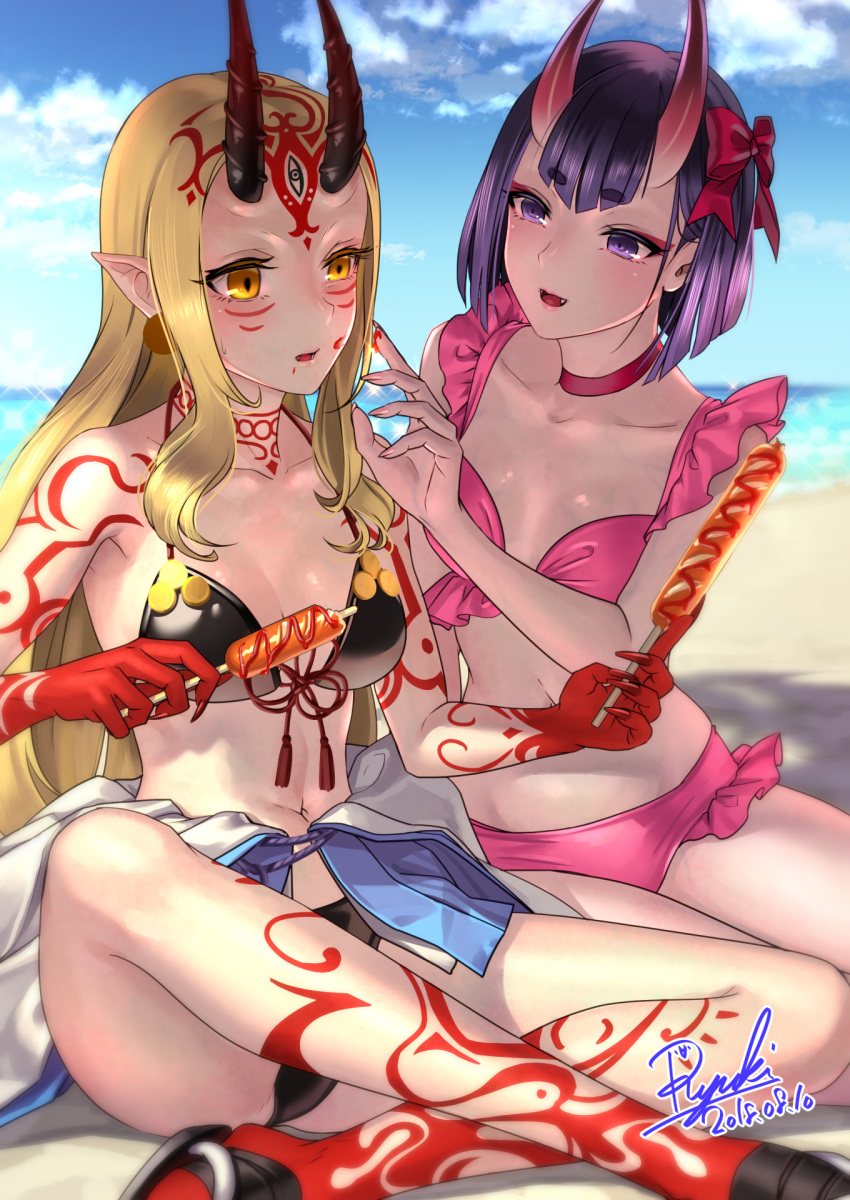 2girls :d beach bikini black_bikini blonde_hair blush breasts cleavage fangs fate/grand_order fate_(series) full_body_tattoo highres horns hot_dog ibaraki_douji_(fate/grand_order) ibaraki_douji_(swimsuit_lancer)_(fate) long_hair multiple_girls oni open_mouth pink_bikini pointy_ears purple_hair ryuki@maguro-ex short_hair shuten_douji_(fate/grand_order) sitting smile sweatdrop swimsuit tattoo violet_eyes yellow_eyes