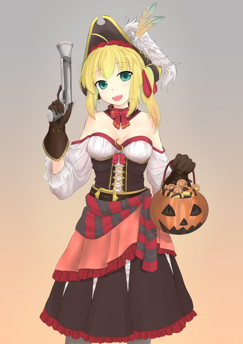 1girl absurdres ahoge alternate_costume alternate_hairstyle artoria_pendragon_(all) bangs bare_shoulders belt black_gloves black_legwear black_skirt blonde_hair bow breasts candy cleavage clothes_around_waist corset detached_collar fangs fate/stay_night fate_(series) food gloves gradient gradient_background green_eyes gun halloween halloween_costume handgun hat hat_feather highres holding holding_gun holding_weapon jack-o'-lantern long_sleeves looking_at_viewer medium_breasts off-shoulder_shirt open_mouth pirate pirate_hat pistol red_bow saber scwibbles shirt skirt smile solo trick_or_treat twintails weapon white_shirt