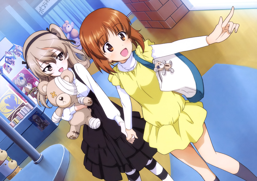 2girls :d absurdres black_bow black_hairband black_skirt boko_(girls_und_panzer) bow brown_eyes brown_hair dress dress_shirt dutch_angle eyebrows_visible_through_hair girls_und_panzer hair_bow hairband highres holding holding_hand holding_stuffed_animal index_finger_raised indoors light_brown_hair multiple_girls nishizumi_miho official_art open_mouth shimada_arisu shiny shiny_hair shirt short_dress short_hair side_ponytail skirt sleeveless sleeveless_dress smile standing striped striped_legwear stuffed_animal stuffed_toy suspender_skirt suspenders teddy_bear white_shirt yellow_dress yoshida_nobuyoshi