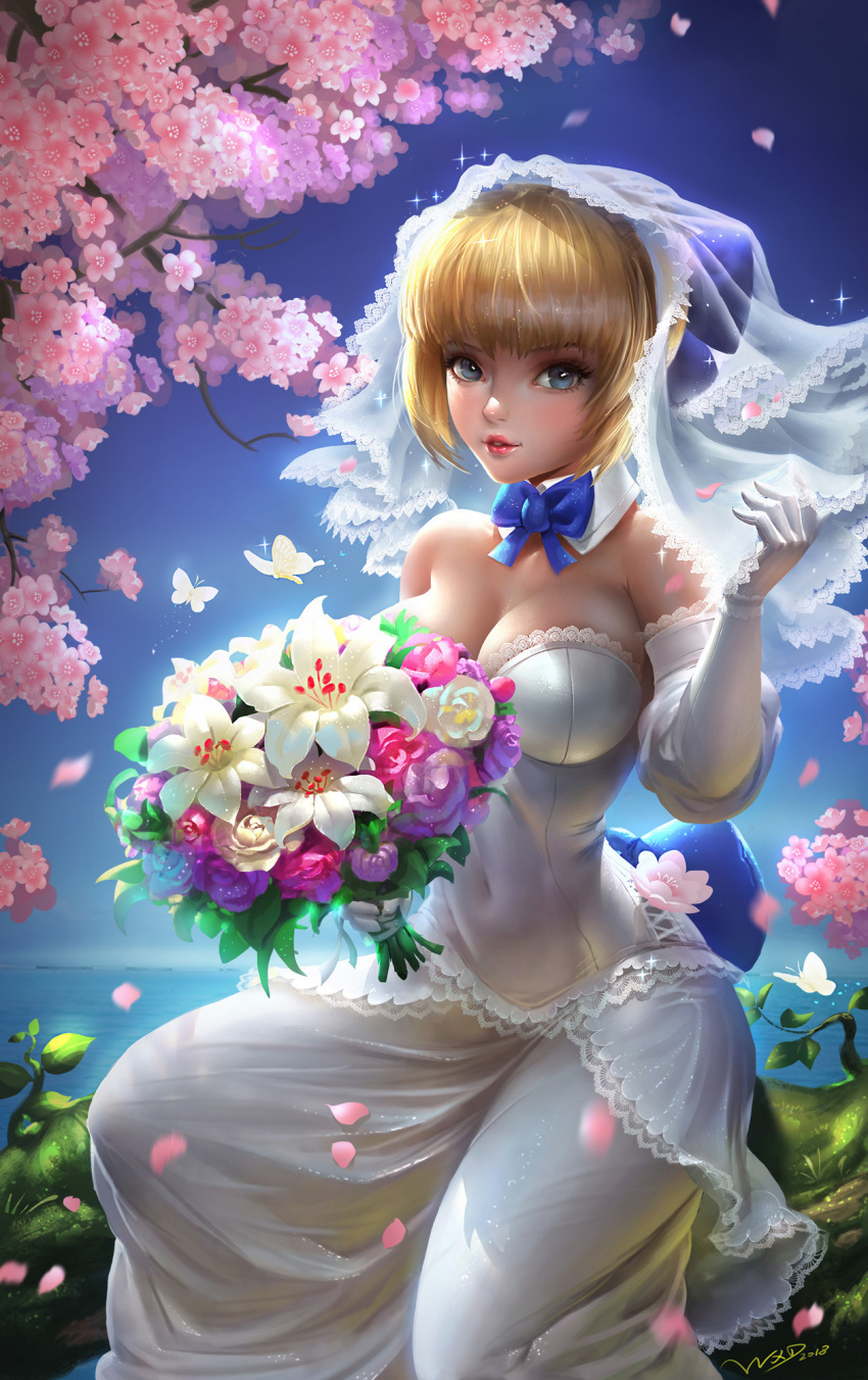 1girl artist_name artoria_pendragon_(all) bare_shoulders blonde_hair blue_bow blue_eyes blue_ribbon blue_sky bouquet bow breasts bridal_veil bride bug butterfly cherry_blossoms cleavage covered_navel cowboy_shot day dress fate/stay_night fate_(series) flower gloves highres holding holding_bouquet insect lace lace-trimmed_dress large_breasts long_hair looking_at_viewer nero_claudius_(bride)_(fate) nero_claudius_(fate) nero_claudius_(fate)_(all) nose ocean outdoors petals pink_lips plant ribbon rose saber signature sky solo strapless strapless_dress tree_branch veil wedding_dress white_dress white_flower white_gloves wu_xiandeng