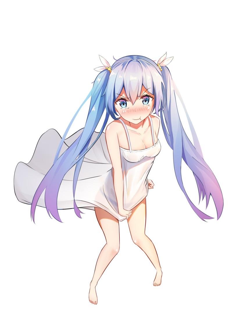 1girl :t bangs bare_arms bare_legs bare_shoulders barefoot black_panties blue_eyes blue_hair blush breasts cleavage closed_mouth collarbone covering covering_crotch dress dress_tug eyebrows_visible_through_hair hair_between_eyes hair_ribbon hatsune_miku highres long_hair medium_breasts mobu_(wddtfy61) nose_blush panties pout ribbon see-through sleeveless sleeveless_dress solo standing twintails underwear very_long_hair vocaloid wavy_mouth white_background white_dress white_ribbon