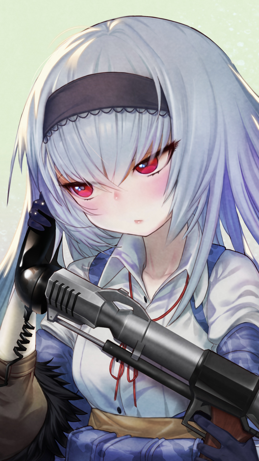 1girl absurdres bangs calling chinese_commentary commentary_request corded_phone expressionless girls_frontline gloves gun handgun headband highres holding holding_gun holding_phone holding_weapon jacket phone portrait red_eyes senkou_tobaku silver_hair simple_background solo thunder_(girls_frontline) vest weapon