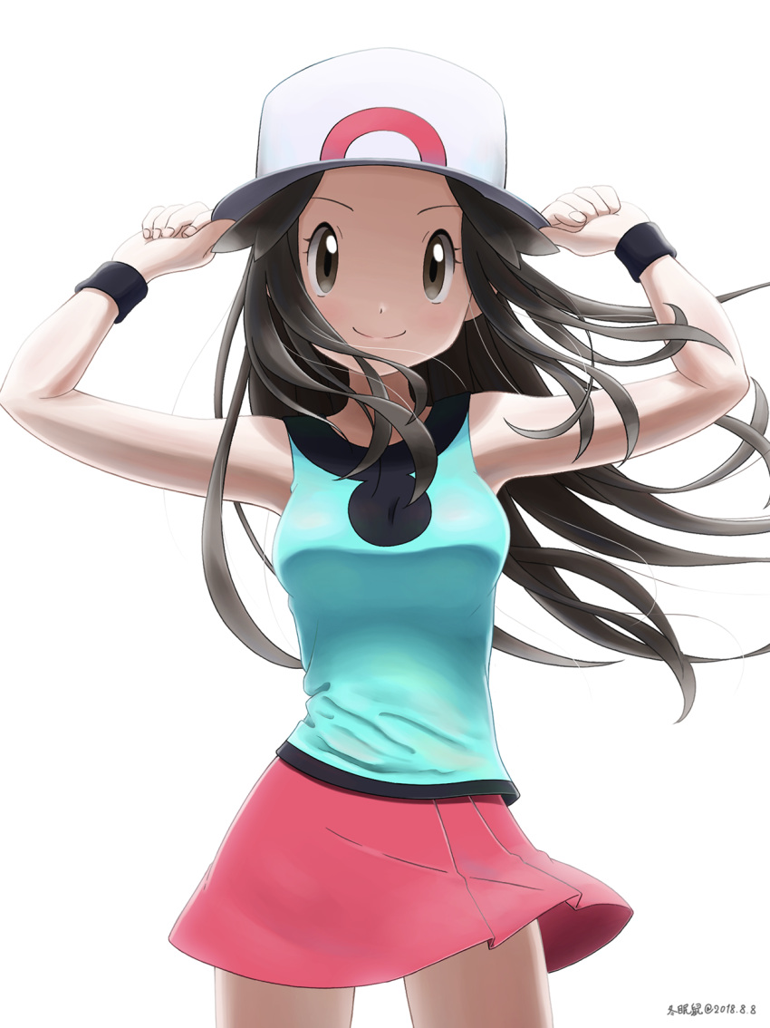 1girl arms_up blue_(pokemon) blue_shirt blush breasts brown_eyes brown_hair cowboy_shot hand_on_headwear hat highres large_breasts looking_at_viewer pokemon pokemon_(game) pokemon_frlg red_skirt shirt simple_background skirt sleeveless sleeveless_shirt solo sun_hat toumin_nezumi white_background wind wind_lift