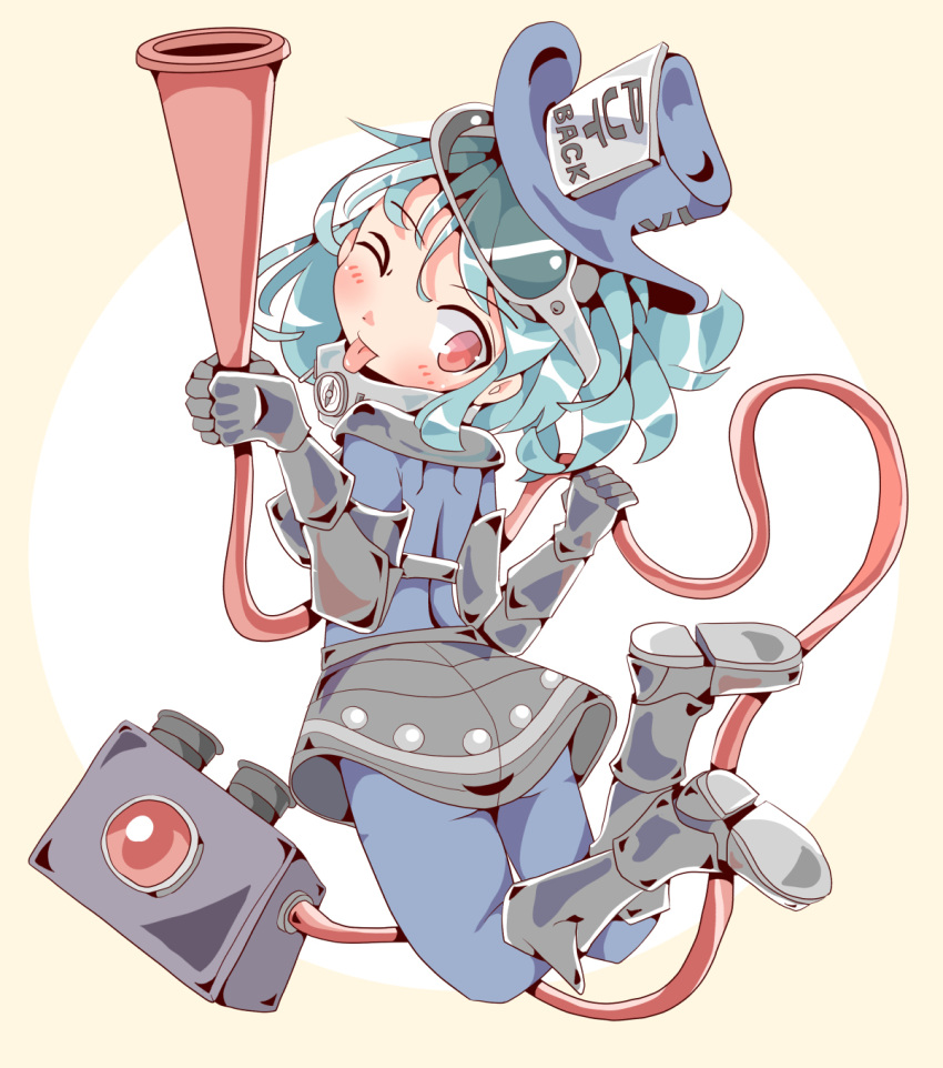 1girl alternate_costume black_footwear black_gloves blue_hair boots english gloves goggles goggles_on_head hat highres keikou_ryuudou leggings midair one_eye_closed red_eyes shoe_soles skirt tatara_kogasa tongue tongue_out touhou