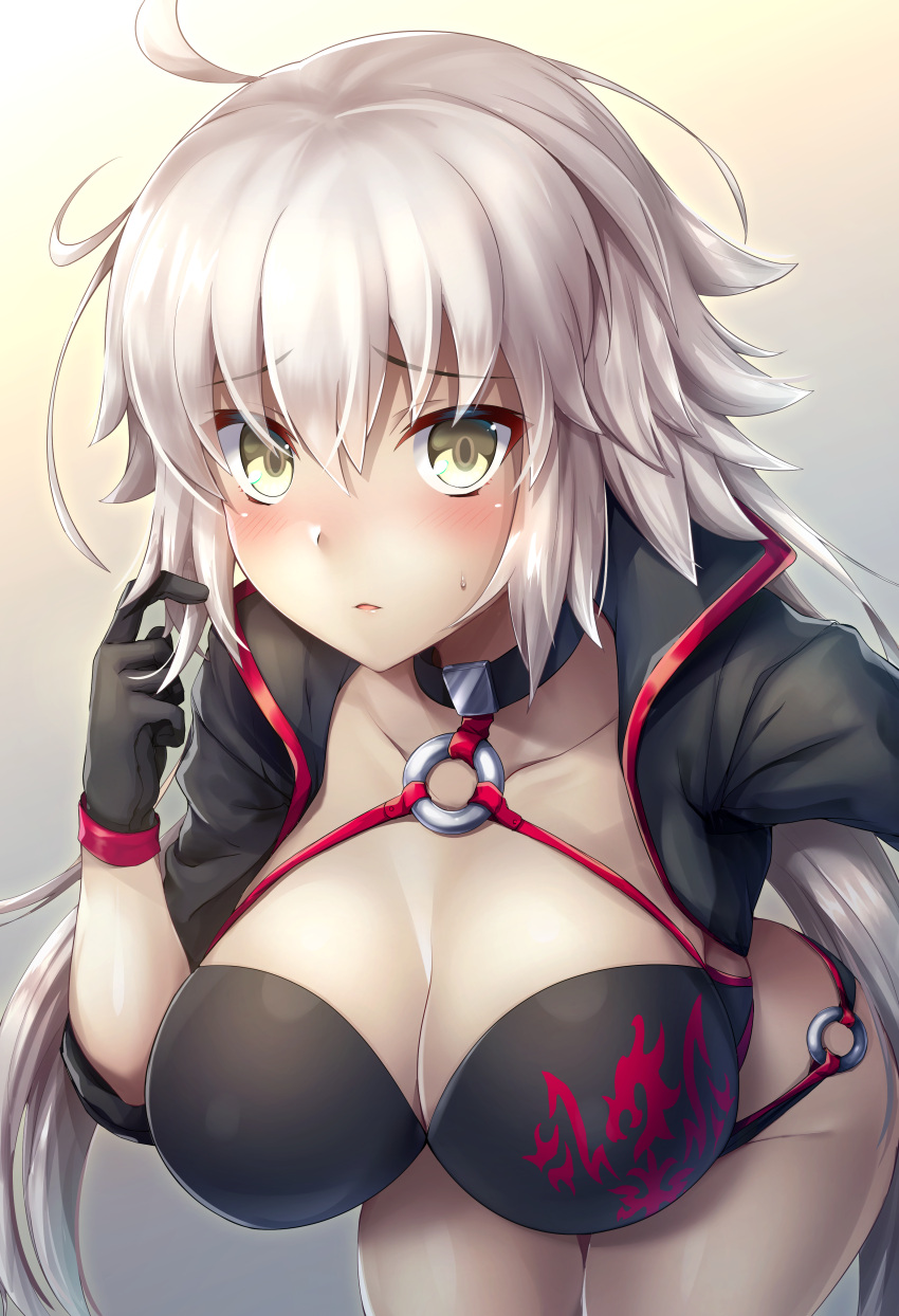 1girl absurdres ahoge bending_forward bikini black_bikini black_jacket blush breasts choker cleavage collarbone commentary_request contemporary cowboy_shot eyebrows_visible_through_hair fate/grand_order fate_(series) highres jacket jeanne_d'arc_(alter)_(fate) jeanne_d'arc_(alter_swimsuit_berserker) jeanne_d'arc_(fate)_(all) large_breasts long_hair looking_at_viewer midriff o-ring open_mouth pale_skin samoore swimsuit thighs very_long_hair yellow_eyes