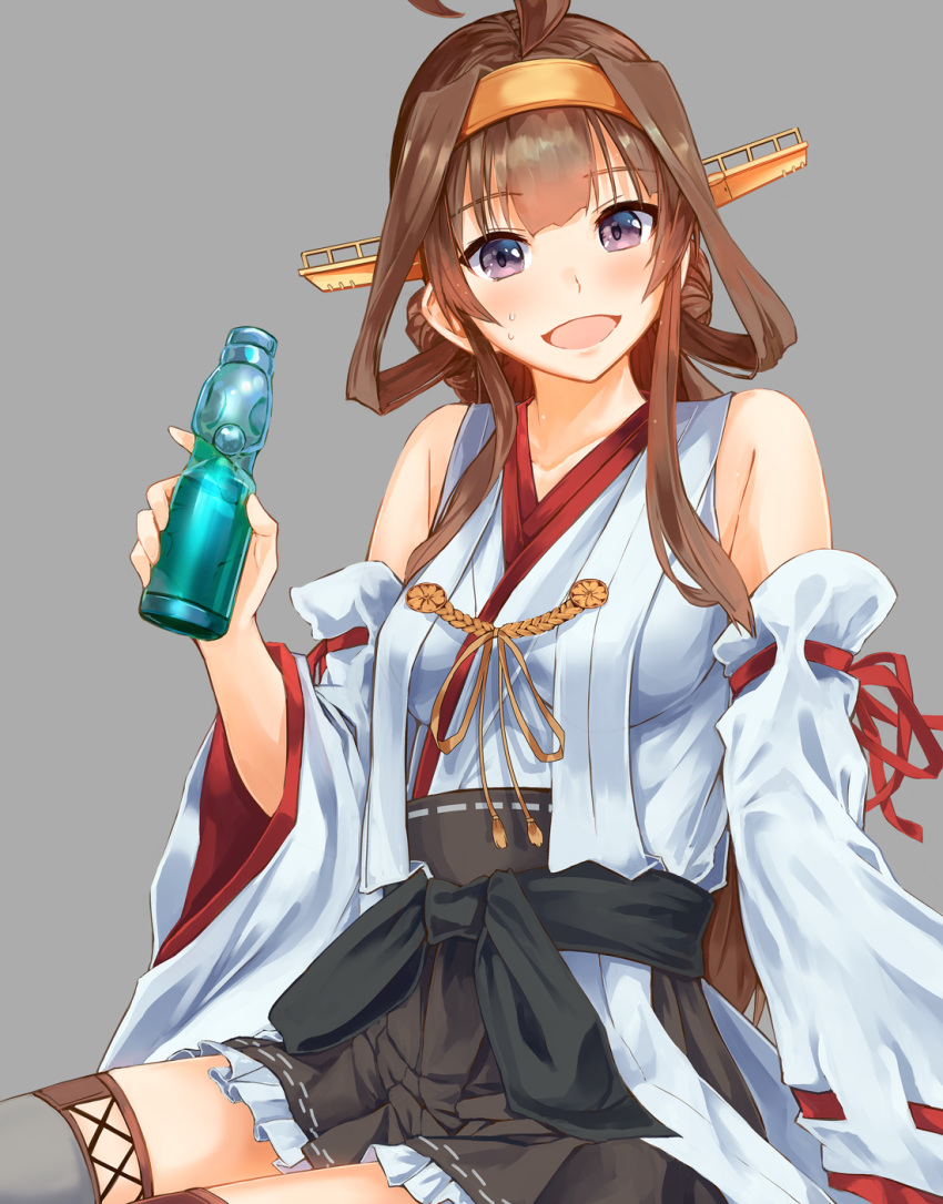 1girl :d ahoge arm_support bangs bare_shoulders blush boots bottle breasts brown_hair collarbone detached_sleeves double_bun eyebrows_visible_through_hair grey_background hairband headgear highres holding holding_bottle japanese_clothes kantai_collection kongou_(kantai_collection) konkito long_hair looking_at_viewer nontraditional_miko open_mouth ramune remodel_(kantai_collection) sash sidelocks simple_background sitting skirt smile solo sweatdrop thigh-highs thigh_boots thighs violet_eyes wide_sleeves