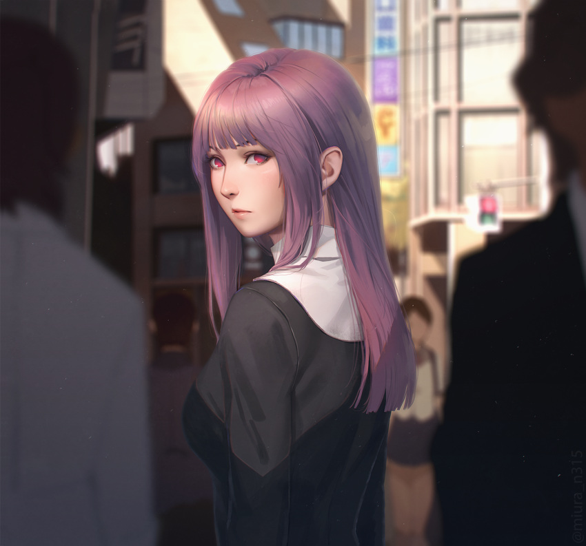 1girl asagami_fujino blurry blurry_background blurry_foreground building closed_mouth from_behind highres kara_no_kyoukai lips long_hair looking_at_viewer looking_back miura-n315 purple_hair red_eyes solo_focus