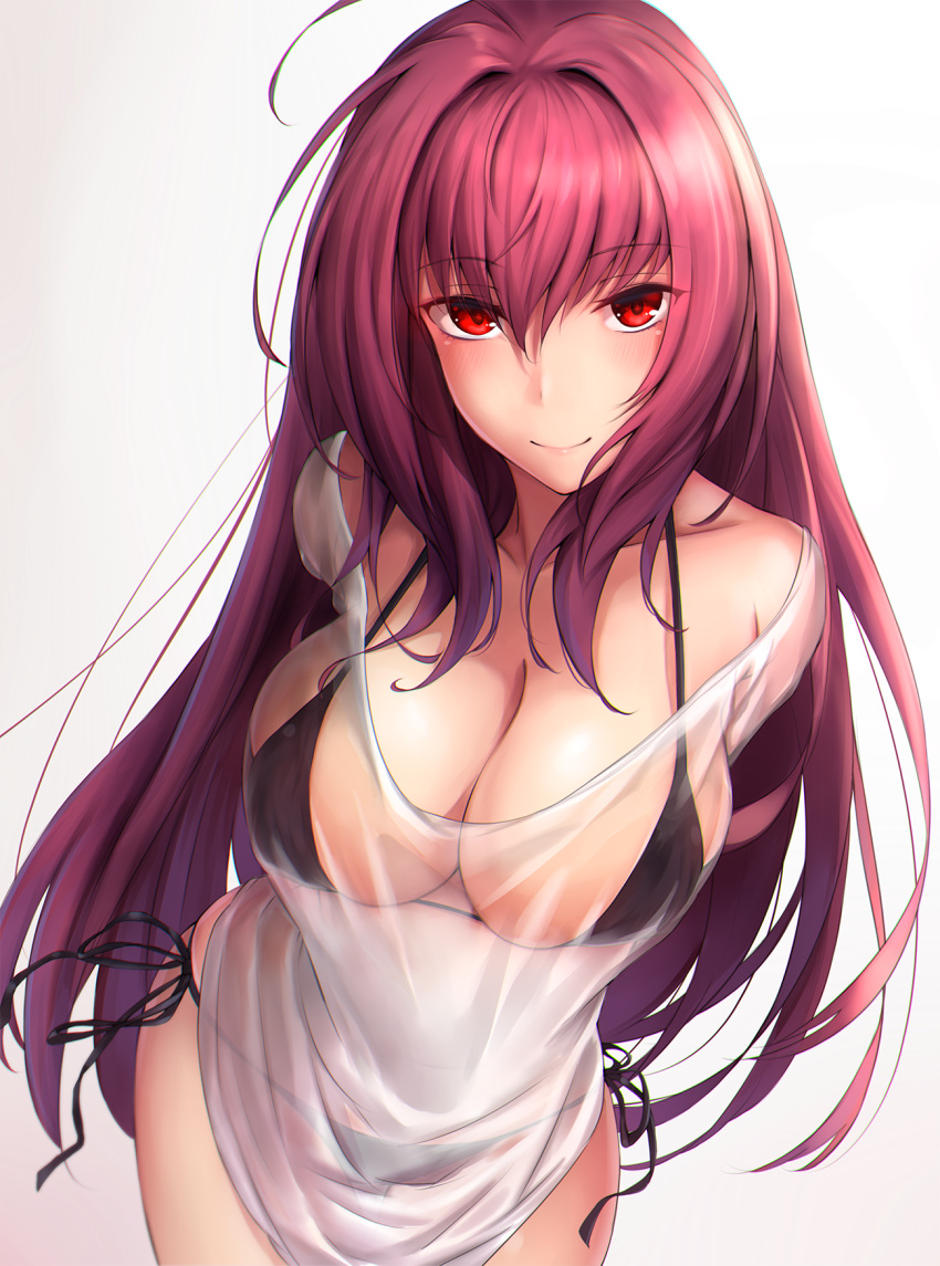 1girl alternate_costume arms_behind_back bare_shoulders bikini black_bikini breasts cleavage collarbone commentary_request contemporary eyebrows_visible_through_hair fate/grand_order fate_(series) from_above hair_between_eyes halterneck highres large_breasts leaning_forward long_hair looking_at_viewer lun7732 purple_hair scathach_(fate)_(all) scathach_(fate/grand_order) see-through shirt side-tie_bikini skindentation swimsuit very_long_hair violet_eyes wet wet_clothes wet_shirt white_shirt