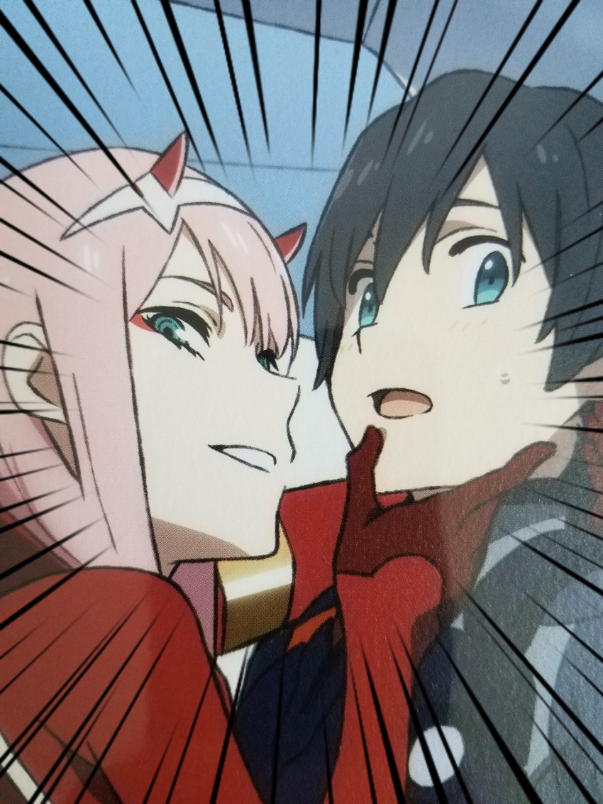 1boy 1girl bangs black_bodysuit black_hair blue_eyes bodysuit commentary couple darling_in_the_franxx english_commentary gloves green_eyes hair_ornament hairband hand_on_another's_chin hetero highres hiro_(darling_in_the_franxx) horns k_016002 long_hair looking_at_viewer oni_horns pilot_suit pink_hair red_bodysuit red_gloves red_horns short_hair sweatdrop white_hairband zero_two_(darling_in_the_franxx)