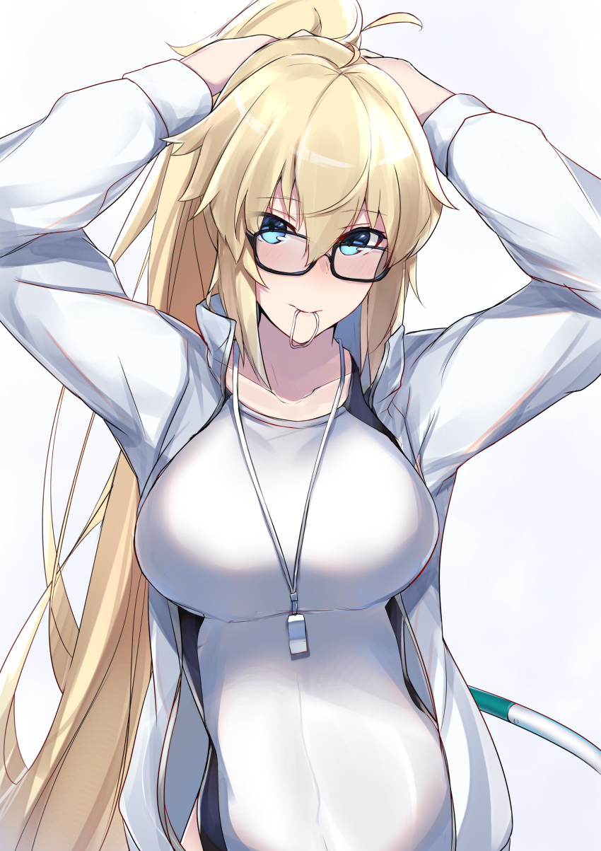 1girl absurdres arms_up bangs black-framed_eyewear blonde_hair blue_eyes blush breasts closed_mouth collarbone fate/grand_order fate_(series) hair_between_eyes highres hoop hula_hoop jacket jeanne_d'arc_(fate)_(all) jeanne_d'arc_(swimsuit_archer) large_breasts long_hair looking_at_viewer nanakaku one-piece_swimsuit open_clothes open_jacket ponytail simple_background smile solo swimsuit tying_hair very_long_hair whistle white_background white_jacket white_swimsuit