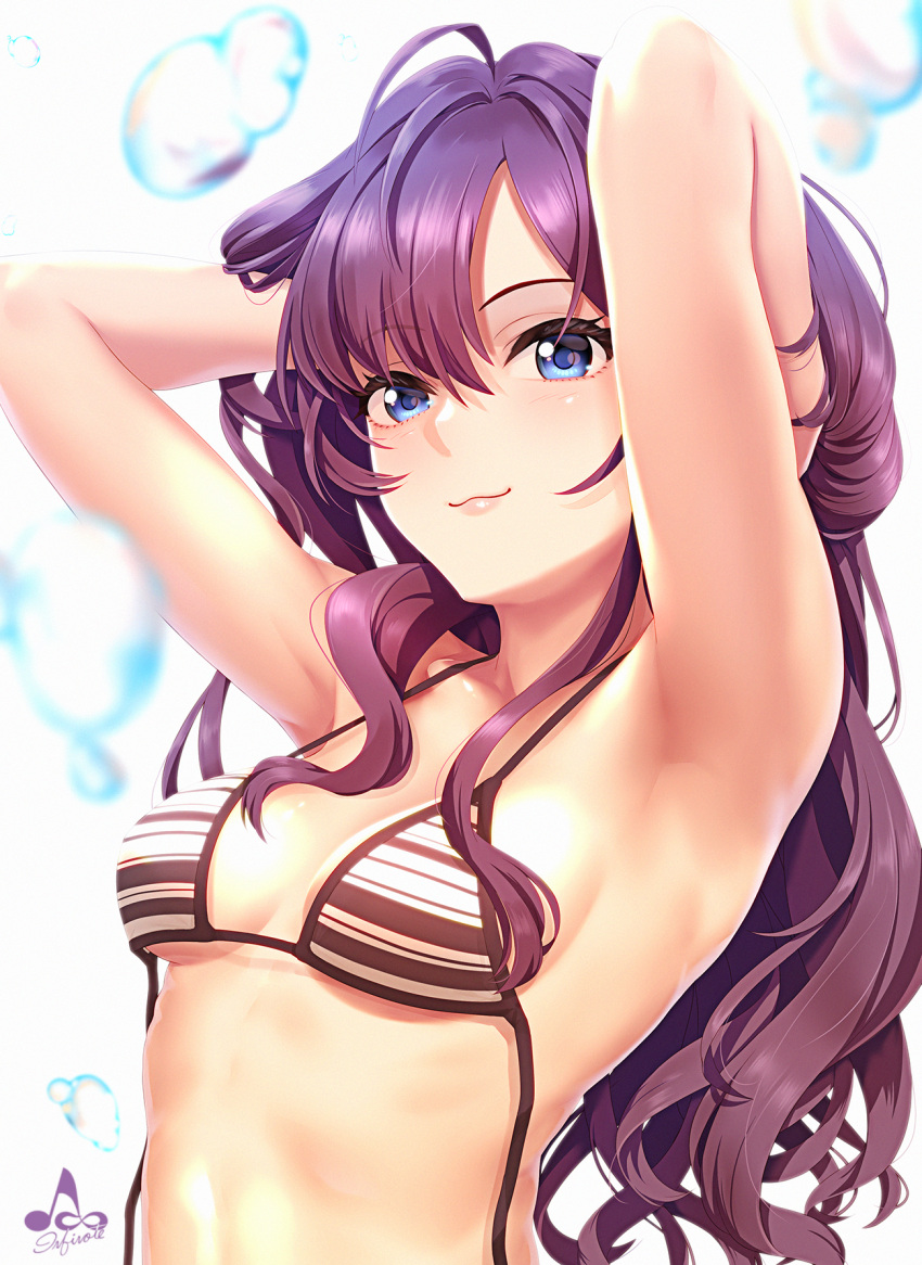 1girl :3 ahoge armpits arms_behind_head arms_up bangs bikini blue_eyes blush breasts brown_bikini brown_hair cleavage closed_mouth collarbone eyebrows_visible_through_hair hair_between_eyes highres ichinose_shiki idolmaster idolmaster_cinderella_girls infinote long_hair looking_at_viewer medium_breasts revision simple_background smile solo striped striped_bikini swimsuit untied untied_bikini waist water_drop wavy_hair white_background