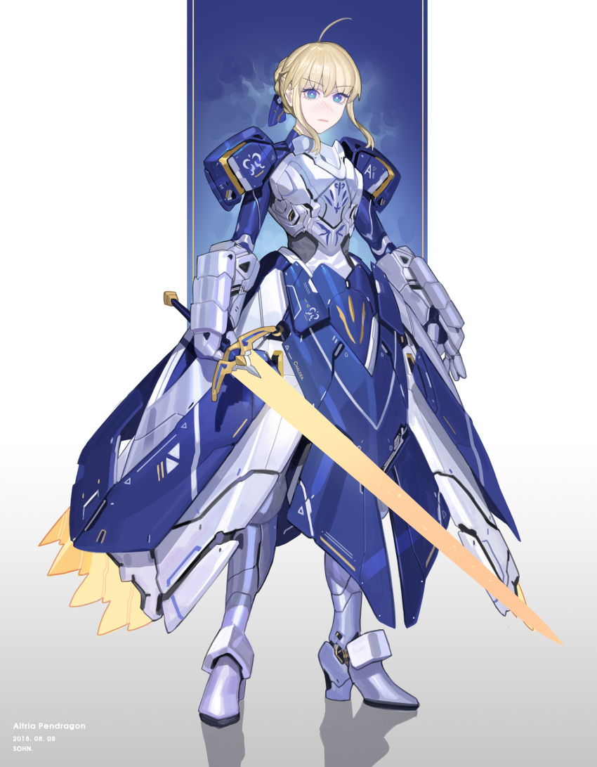 1girl absurdres ahoge armor armored_dress artoria_pendragon_(all) blonde_hair blue_ribbon caliburn fate/stay_night fate_(series) gauntlets green_eyes hair_bun hair_ribbon highres holding holding_sword holding_weapon ribbon saber science_fiction sohn_woohyoung sword weapon