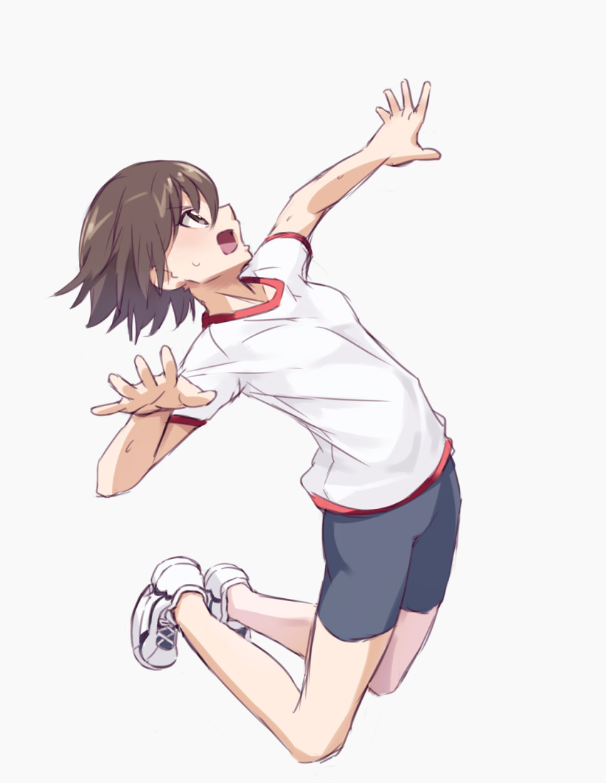 1girl bangs bike_shorts black_shorts brown_eyes brown_hair chikuwa_(majihima) commentary_request eyebrows_visible_through_hair from_side full_body girls_und_panzer gym_shirt gym_uniform highres isobe_noriko jumping looking_up no_socks open_mouth partial_commentary shirt shoes short_hair short_shorts short_sleeves shorts simple_background sneakers solo spiking sweat t-shirt white_background white_footwear white_shirt