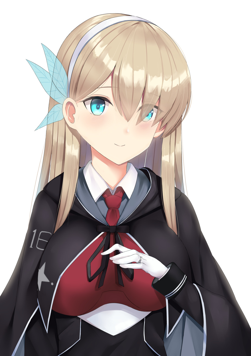 1girl absurdres bangs black_capelet black_jacket black_ribbon blue_eyes breasts capelet collared_shirt commentary_request eyebrows_visible_through_hair eyes_visible_through_hair gloves hair_over_one_eye hairband highres i.f.s.f jacket jewelry lexington_(zhan_jian_shao_nyu) light_brown_hair long_hair long_sleeves medium_breasts necktie red_neckwear ribbon ring shirt simple_background solo very_long_hair wedding_band white_background white_gloves white_hairband white_shirt zhan_jian_shao_nyu