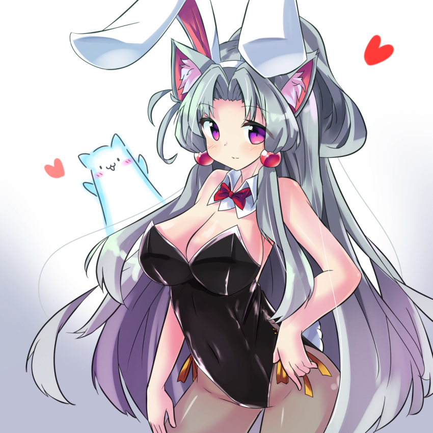 1girl animal_ears bare_arms bare_shoulders black_leotard blush bow bowtie breasts brown_legwear bunny_girl bunny_tail bunnysuit cat_ears cleavage closed_mouth commentary_request covered_navel detached_collar earrings fake_animal_ears gradient gradient_background green_hair grey_background hairband heart highres jewelry large_breasts leotard light_smile long_hair looking_at_viewer pantyhose rabbit_ears red_neckwear ryogo solo strapless strapless_leotard tail touhoku_itako very_long_hair violet_eyes voiceroid white_background white_collar white_hairband